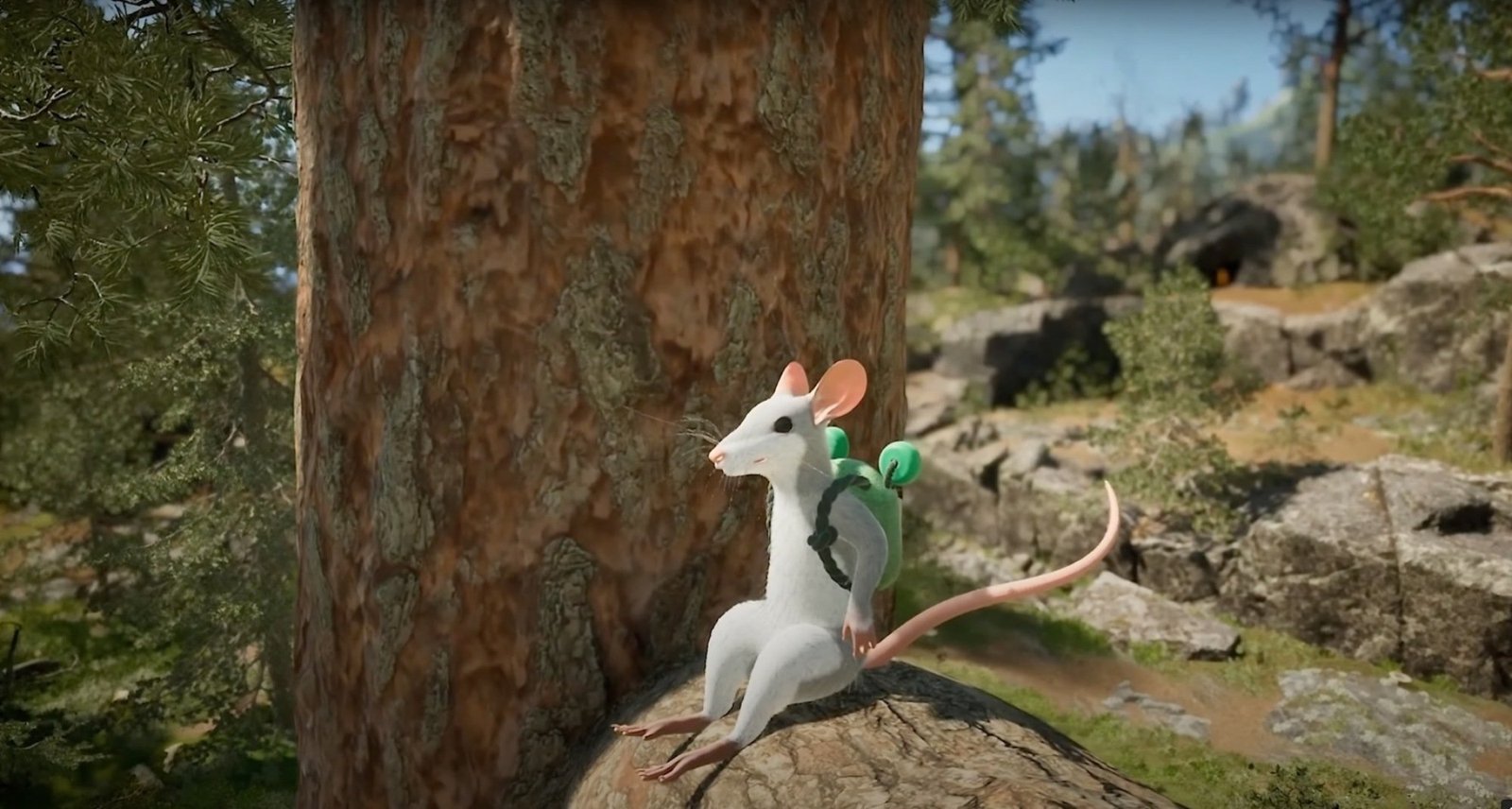 screenshot from 'hela' game showing a mouse wearing a frog backpack in a forest