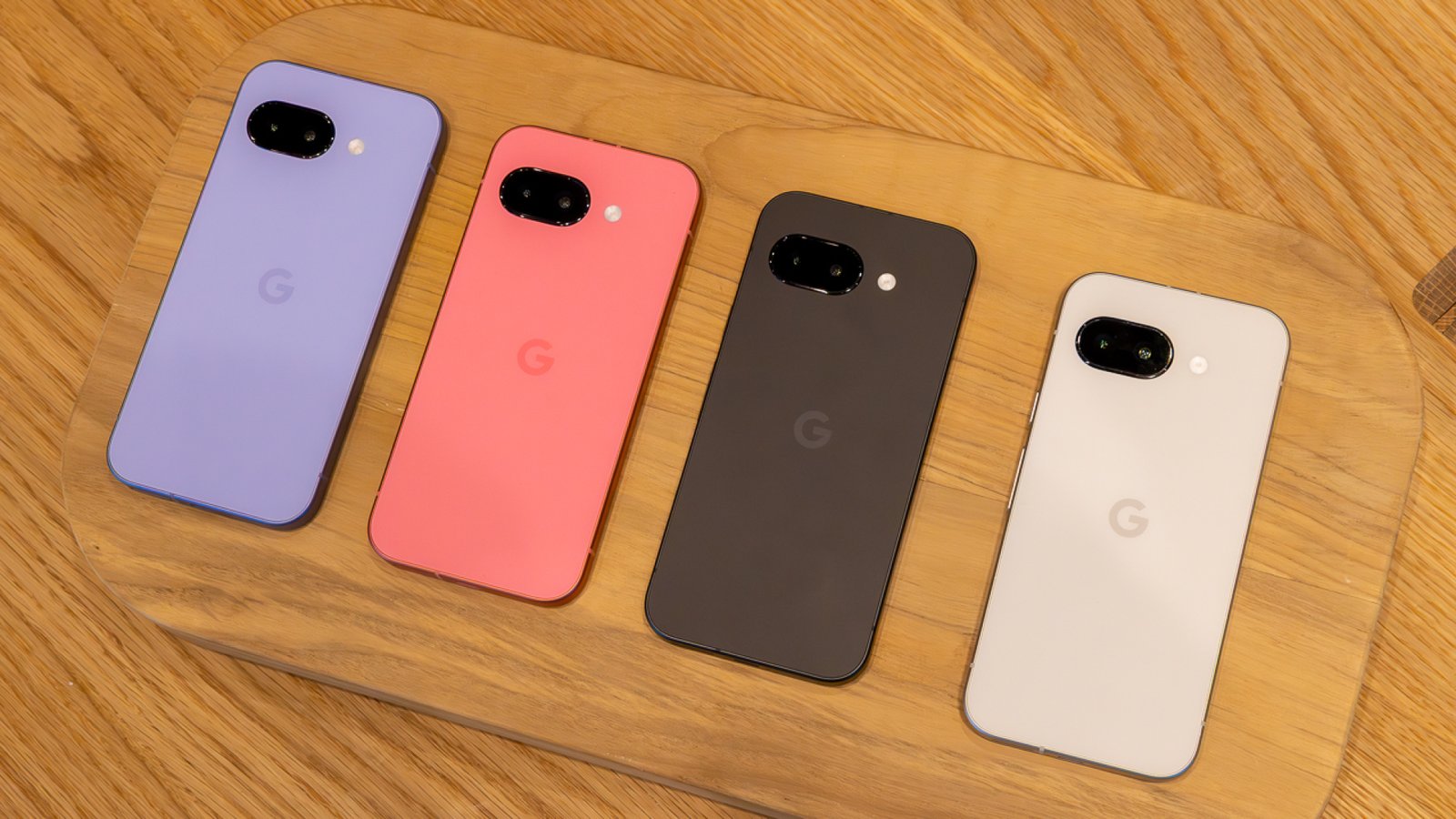 Pixel 9a phones in purple, pink, black, white