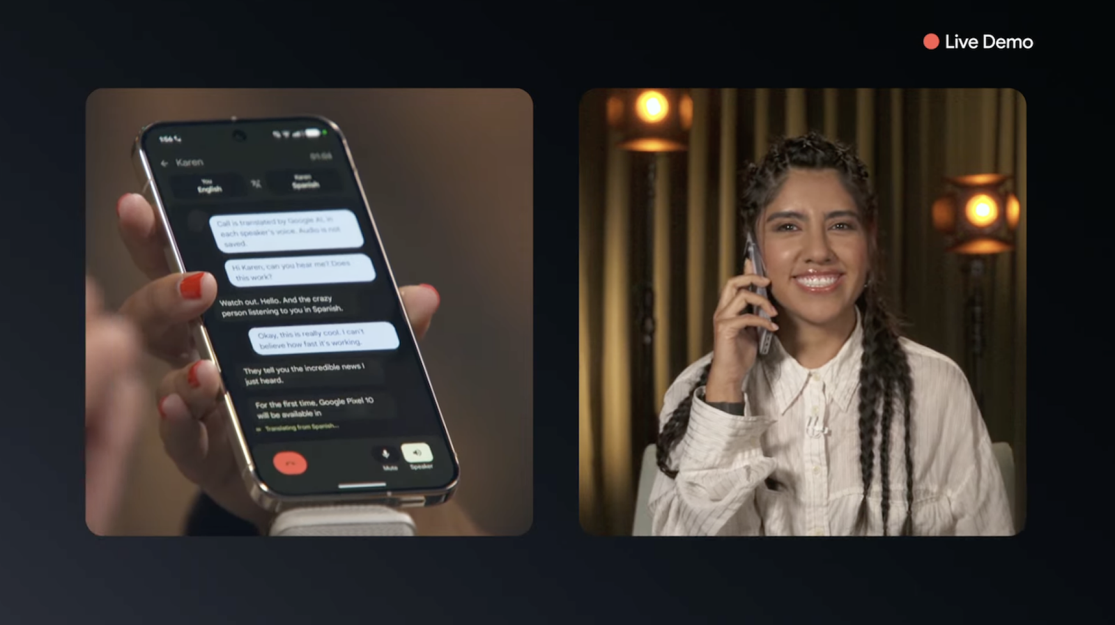 A woman using live translation during a phone call on Pixel 10