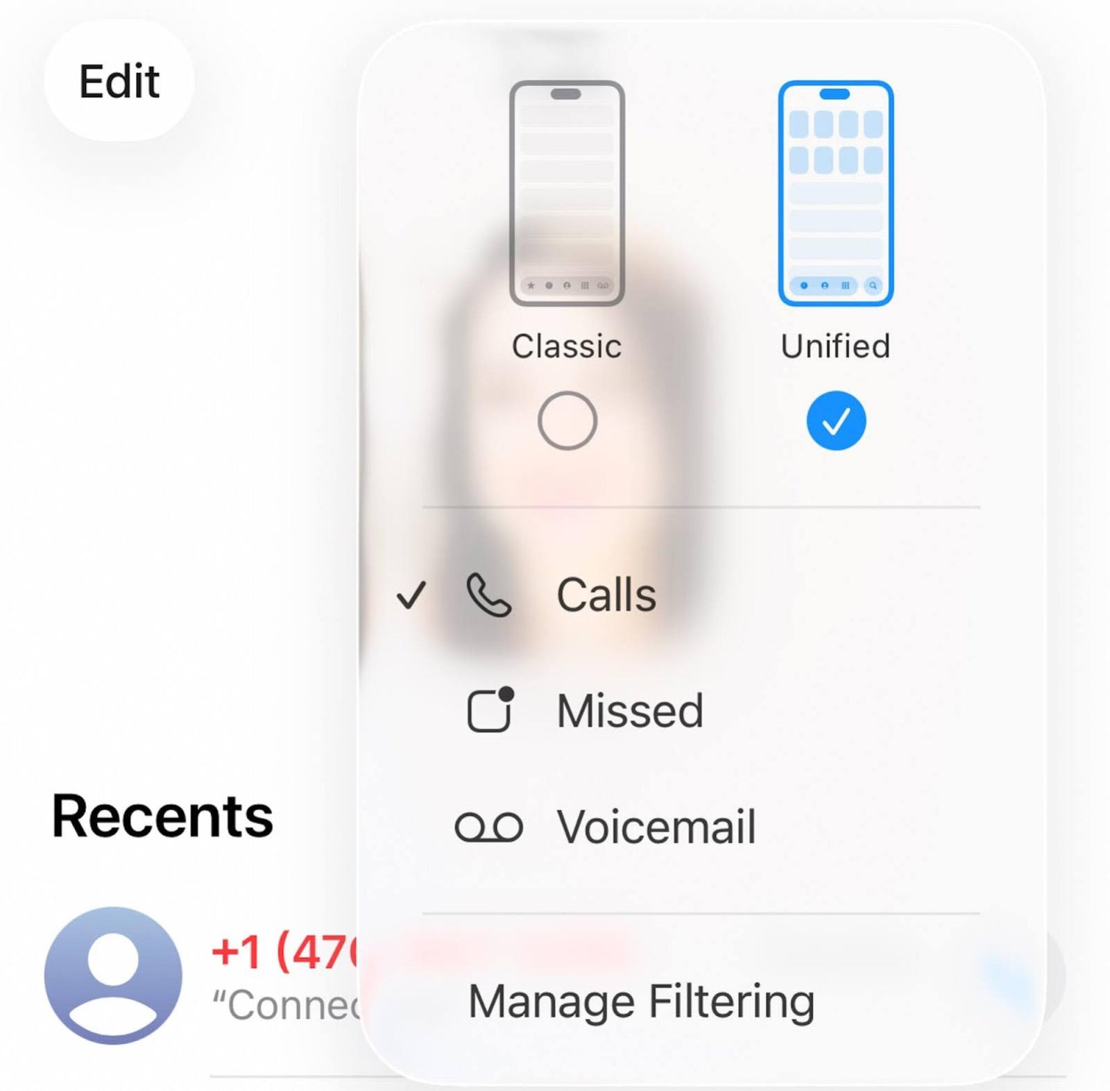 A screenshot of the unified app option in iOS 26 settings