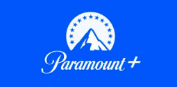 Paramount+ logo with white icon and font over blue background