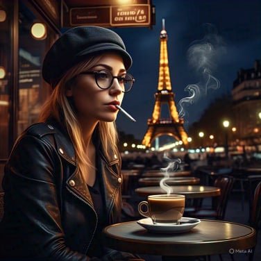ai-generated image of woman in paris cafe smoking cigarette