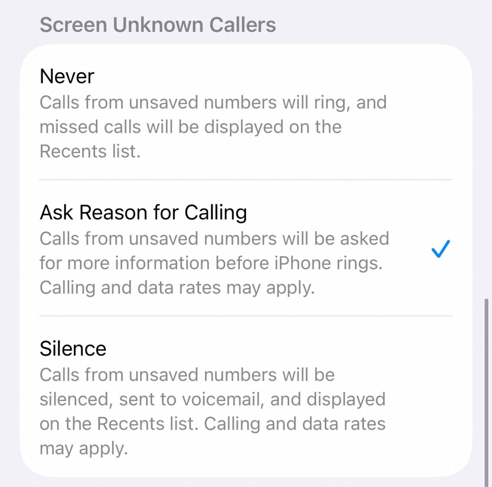 A screenshot of the menu options for call screening for unknown numbers in iOS 26’s settings